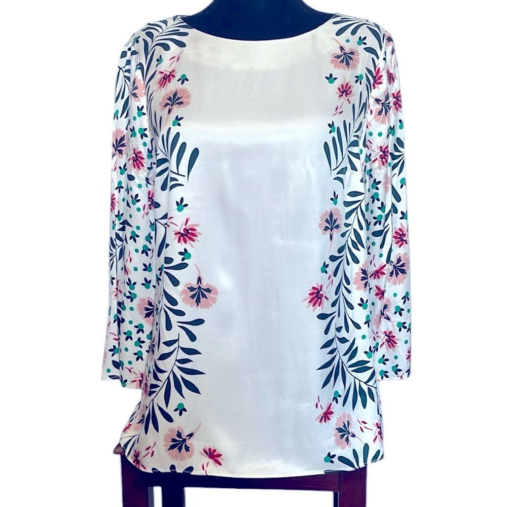 Boden Larissa Floral Silky Viscose Cream Pink Green Flowers Top Blouse Women’s 8